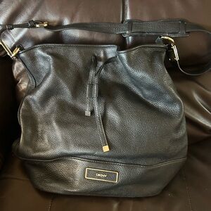 DKNY Black pebble leather draw string bag